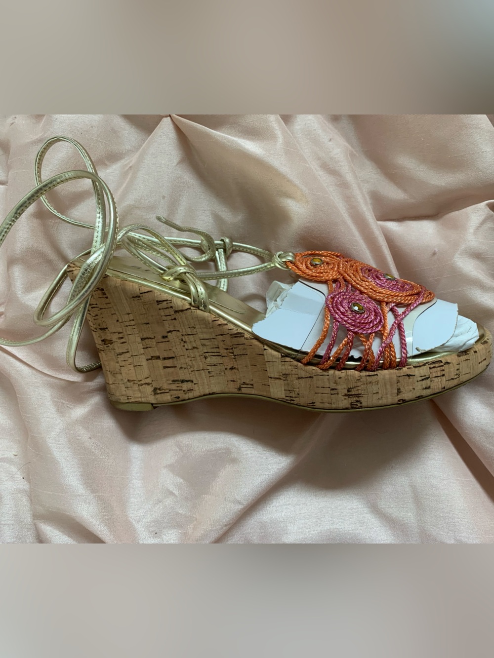 Metallic Gold Cork Wedge Sandal with Orange and Pink Crochet Accent